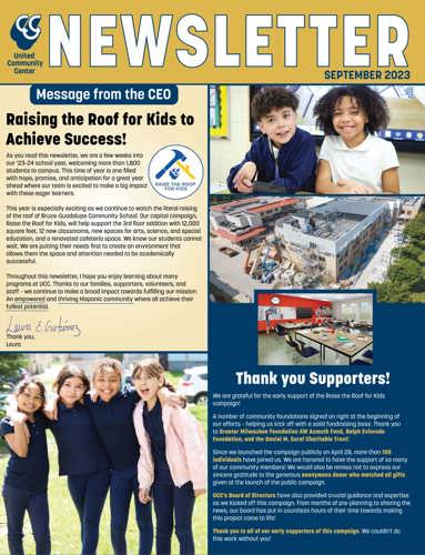 Photo of cover of September 2023 newsletter with students posting outside of the school smiling and a photo of one of the new classrooms