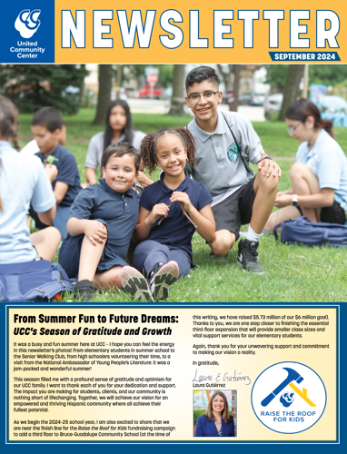 Photo of cover of September 2024 newsletter. Children sitting outside in Walkers Square park smiling with UCC volunteer corps students