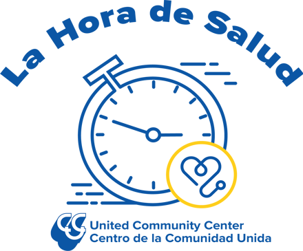 La Hora de Salud Blue and Yellow logo with a a clock and stethiscope graphic