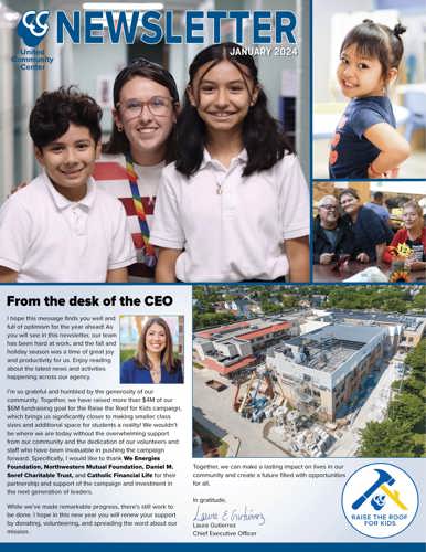 Photo of cover of January 2024 newsletter with students smiling with their teacher in the hallway and an areal preview of the Third floor expansion at Bruce-Guadalupe Community School