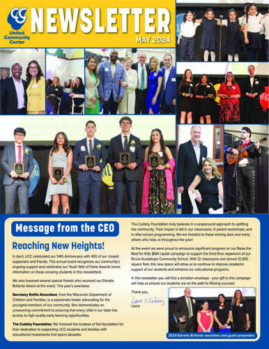 Photo of May 2024 Newsletter with photos of students onstage receiving awards at the 2024 UCC Annual Celebration